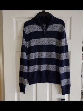 Chaps Boys Navy and Heather Gray Cotton Striped Half-Zip Sweater